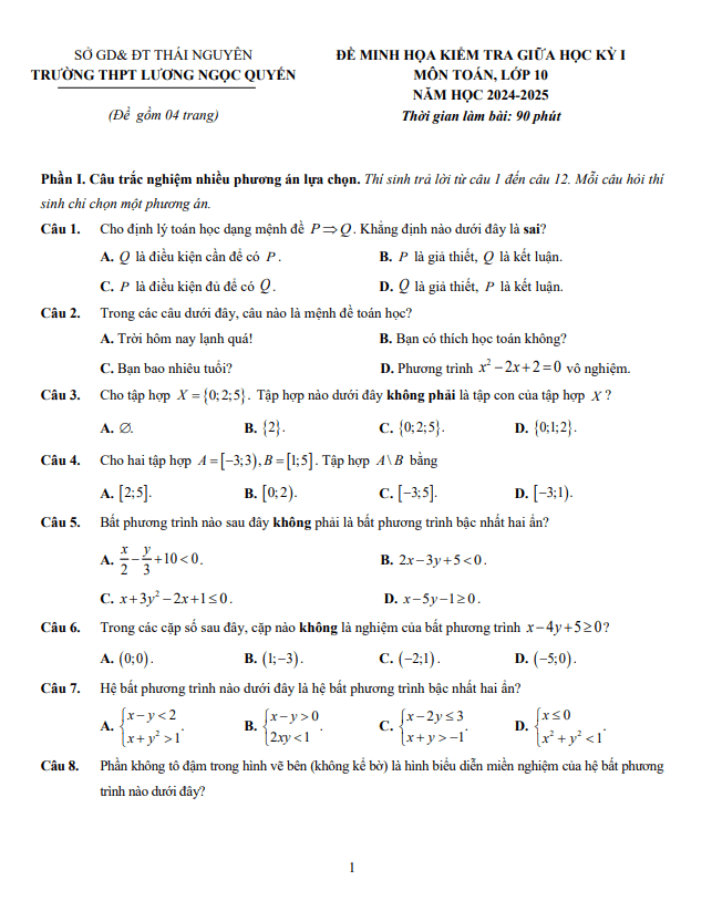 đề minh họa giữa kỳ 1 toán 10 năm 2024 – 2025 trường thpt lương ngọc quyến – thái nguyên