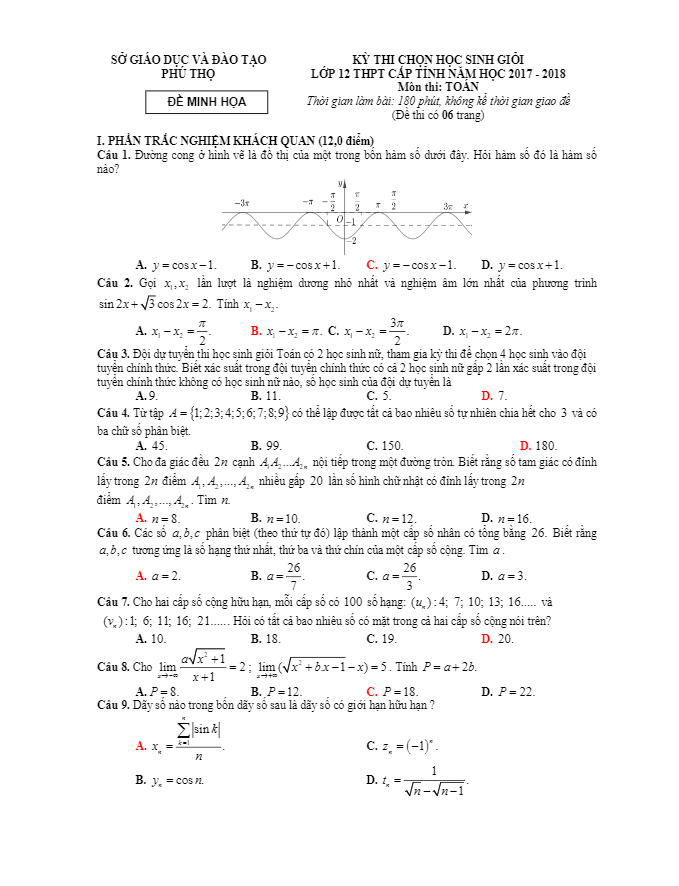 đề minh họa kỳ thi chọn hsg toán 12 thpt cấp tỉnh năm học 2017 – 2018 sở gd và đt phú thọ
