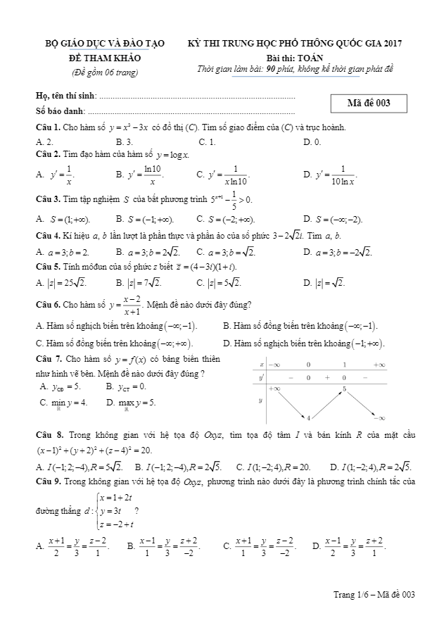 đề minh họa kỳ thi thpt quốc gia 2017 môn toán – bộ giáo dục và đào tạo lần 3