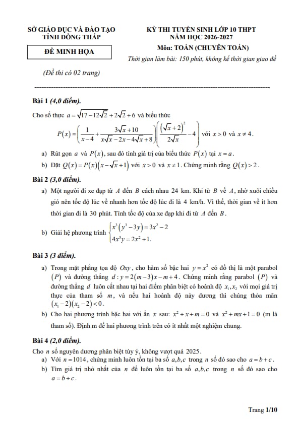 đề minh họa tuyển sinh lớp 10 môn toán (chuyên) năm 2026 – 2027 sở gd&đt đồng tháp