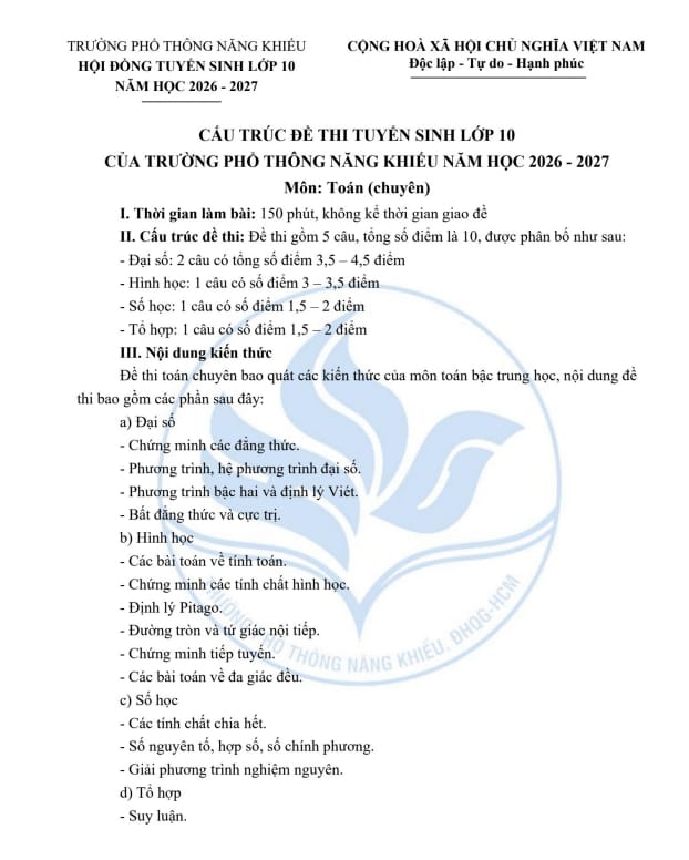 đề minh họa tuyển sinh lớp 10 môn toán (chuyên) năm 2026 – 2027 trường ptnk – tp hcm