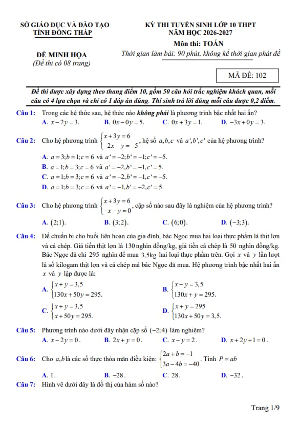 đề minh họa tuyển sinh lớp 10 môn toán năm 2026 – 2027 sở gd&đt đồng tháp