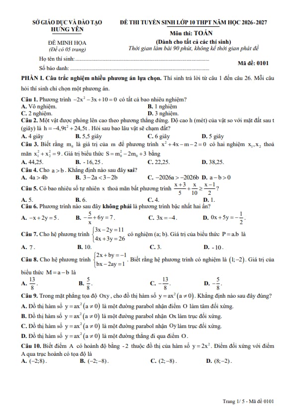 đề minh họa tuyển sinh lớp 10 môn toán năm 2026 – 2027 sở gd&đt hưng yên