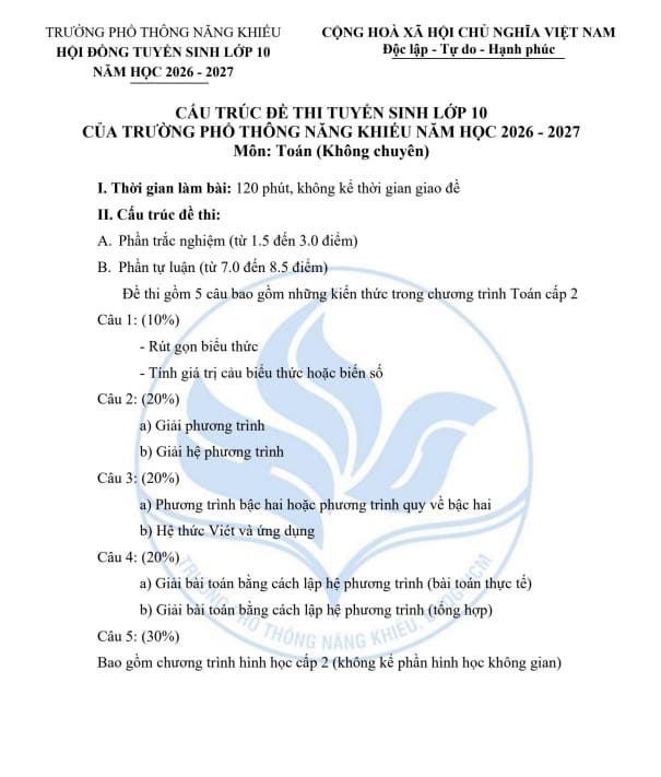 đề minh họa tuyển sinh lớp 10 môn toán năm 2026 – 2027 trường ptnk – tp hcm