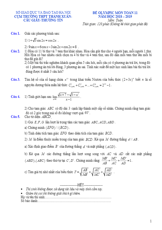 đề olympic toán 11 năm 2019 cụm thpt thanh xuân & cầu giấy & thường tín – hà nội