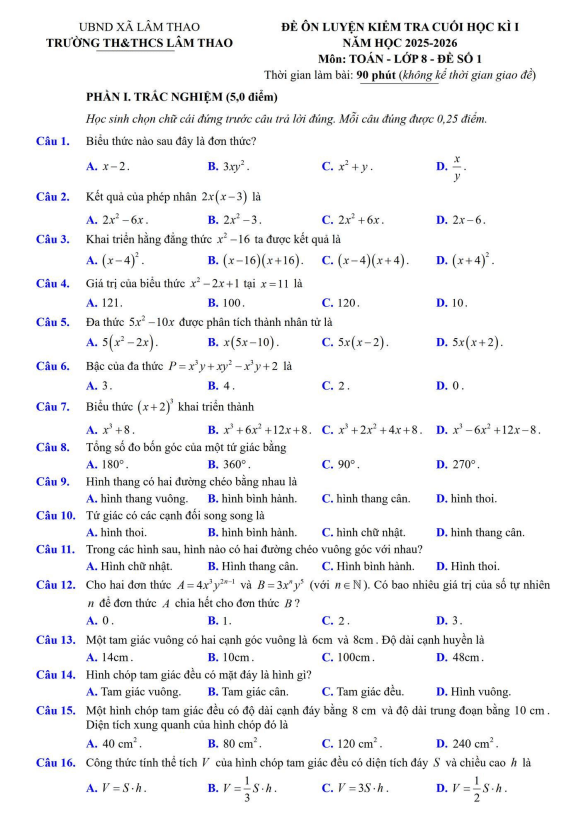 đề ôn luyện cuối kì 1 toán 8 năm 2025 – 2026 trường th&thcs lâm thao – bắc ninh