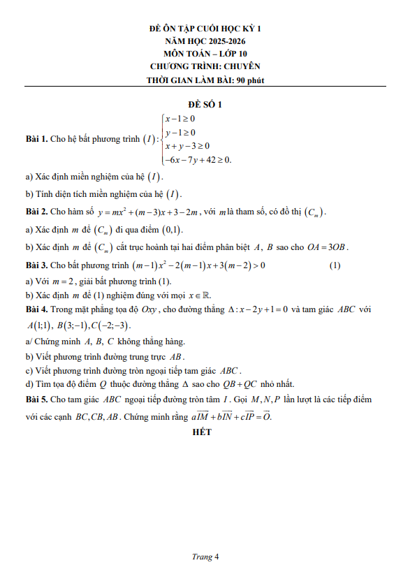 đề ôn tập ck1 toán 10 năm 2025 – 2026 trường chuyên lương văn chánh – đắk lắk