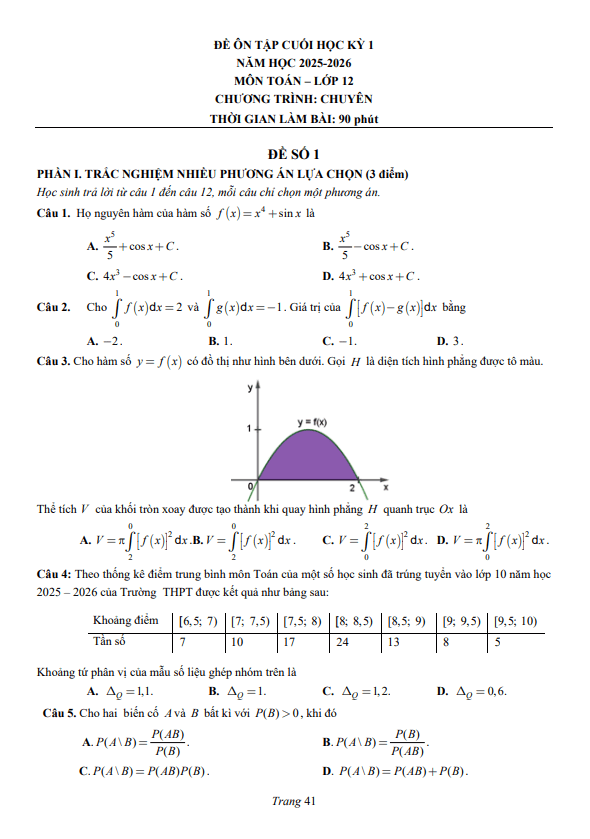 đề ôn tập ck1 toán 12 năm 2025 – 2026 trường chuyên lương văn chánh – đắk lắk