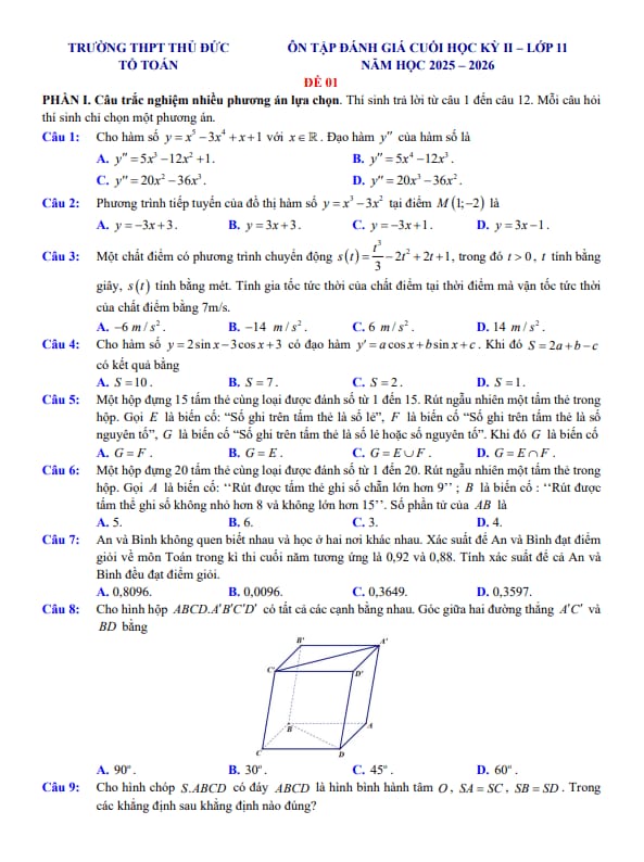 đề ôn tập cuối học kỳ 2 toán 11 năm 2025 – 2026 trường thpt thủ đức – tp hcm