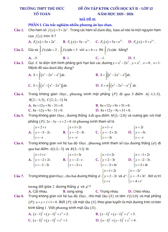 đề ôn tập cuối học kỳ 2 toán 12 năm 2025 – 2026 trường thpt thủ đức – tp hcm
