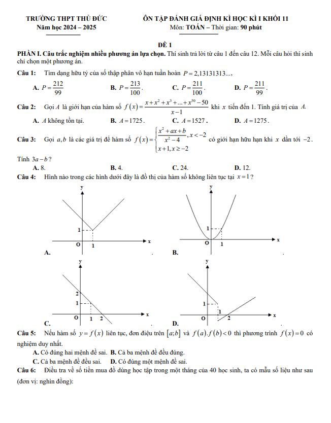 đề ôn tập cuối kì 1 toán 11 năm 2024 – 2025 trường thpt thủ đức – tp hcm