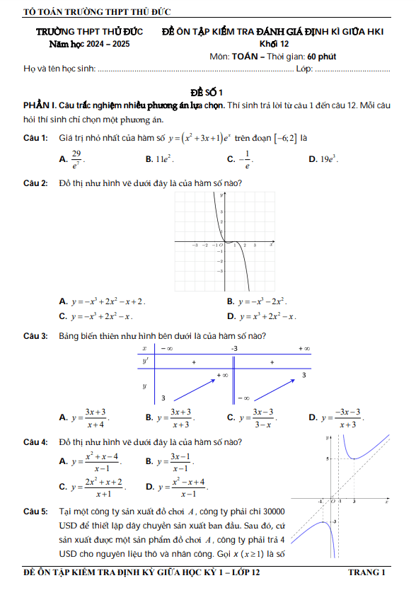 đề ôn tập giữa học kỳ 1 toán 12 năm 2024 – 2025 trường thpt thủ đức – tp hcm