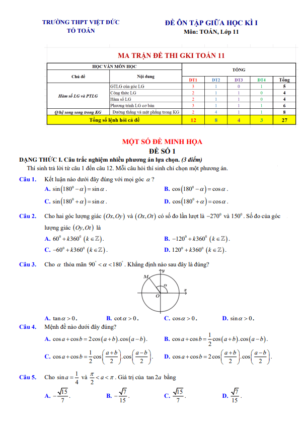 đề ôn tập giữa kì 1 toán 11 năm 2025 – 2026 trường thpt việt đức – hà nội