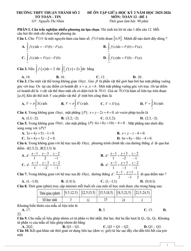 đề ôn tập giữa kỳ 2 toán 12 năm 2025 – 2026 trường thpt thuận thành 2 – bắc ninh