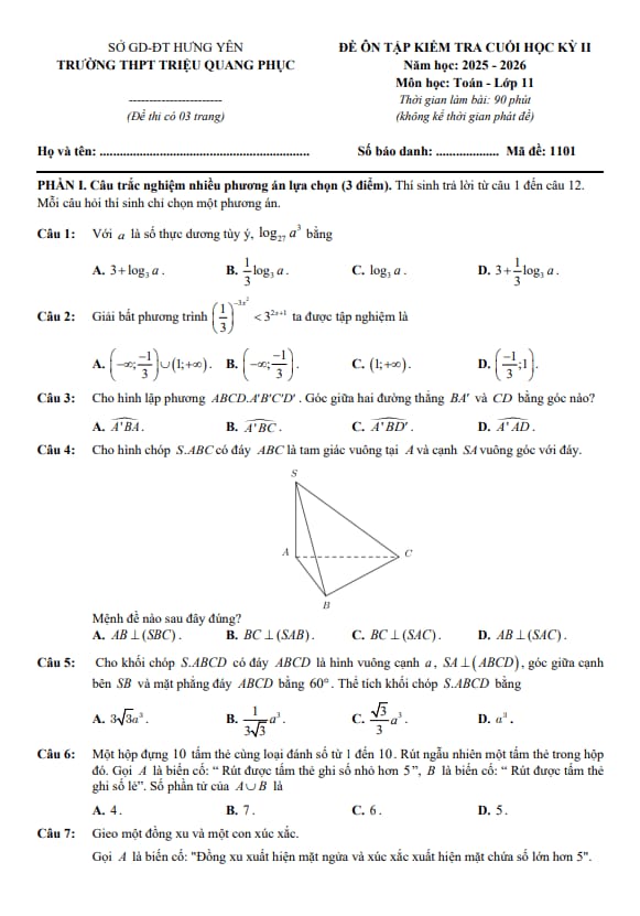 đề ôn tập hk2 toán 11 năm 2025 – 2026 trường thpt triệu quang phục – hưng yên