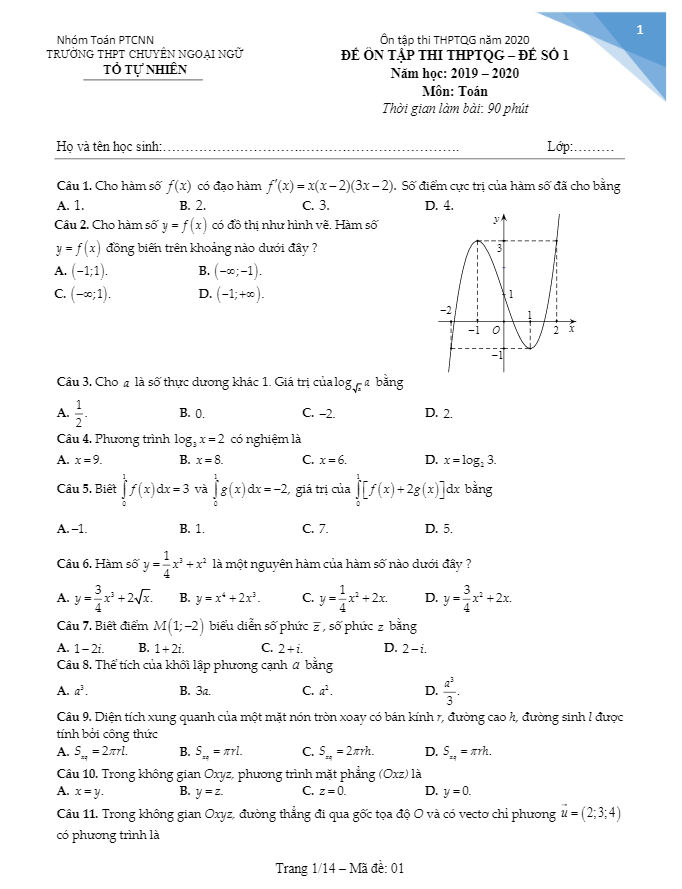 đề ôn tập thi thptqg môn toán trường thpt chuyên ngoại ngữ – hà nội (đề số 1)
