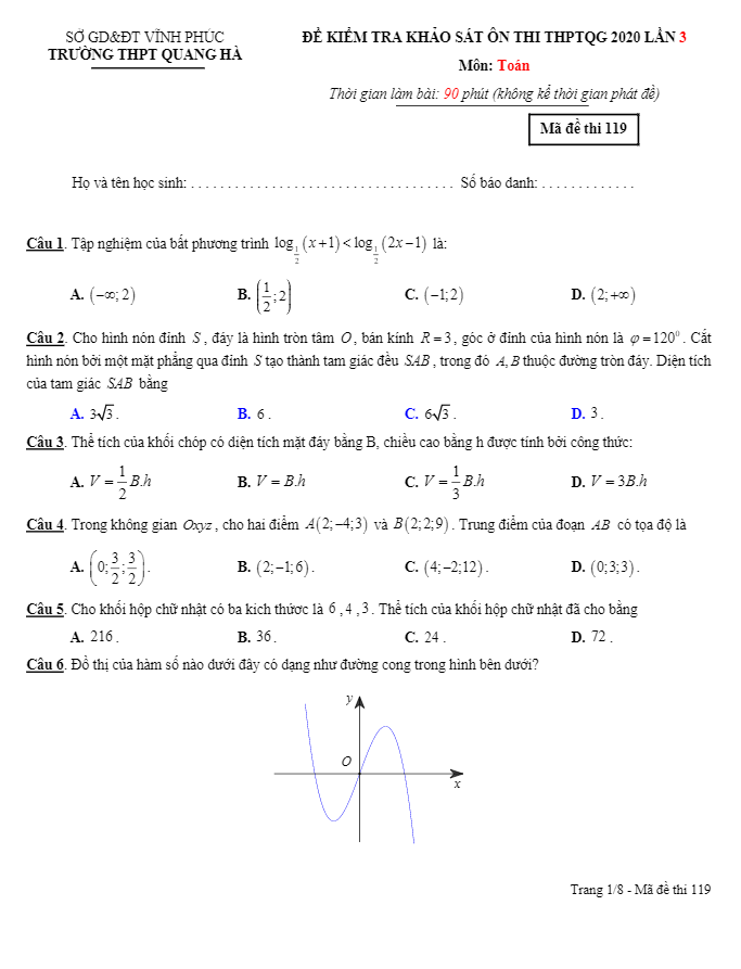 đề ôn thi thptqg 2020 môn toán lần 3 trường thpt quang hà – vĩnh phúc