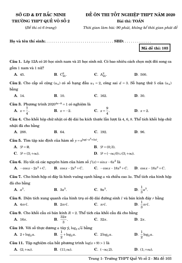 đề ôn thi tốt nghiệp thpt 2020 môn toán trường thpt quế võ 2 – bắc ninh