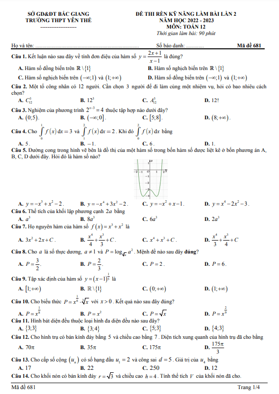 đề rèn kỹ năng làm bài toán 12 lần 2 năm 2022 – 2023 thpt yên thế – bắc giang