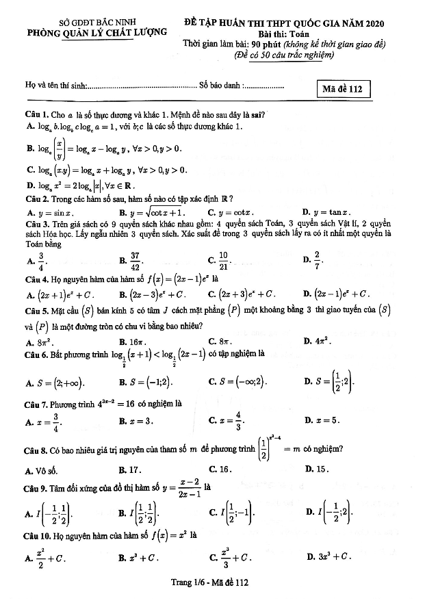 đề tập huấn thi thpt quốc gia 2020 môn toán sở gd&đt bắc ninh