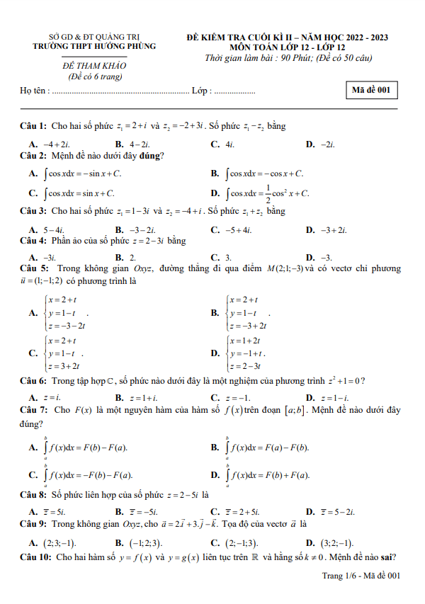 đề tham khảo cuối kì 2 toán 12 năm 2022 – 2023 trường thpt hướng phùng – quảng trị