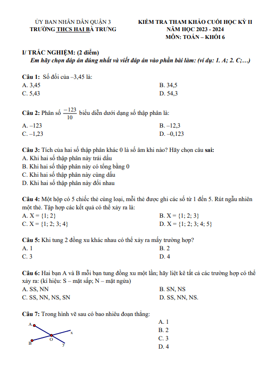đề tham khảo cuối kì 2 toán 6 năm 2023 – 2024 phòng gd&đt quận 3 – tp hcm