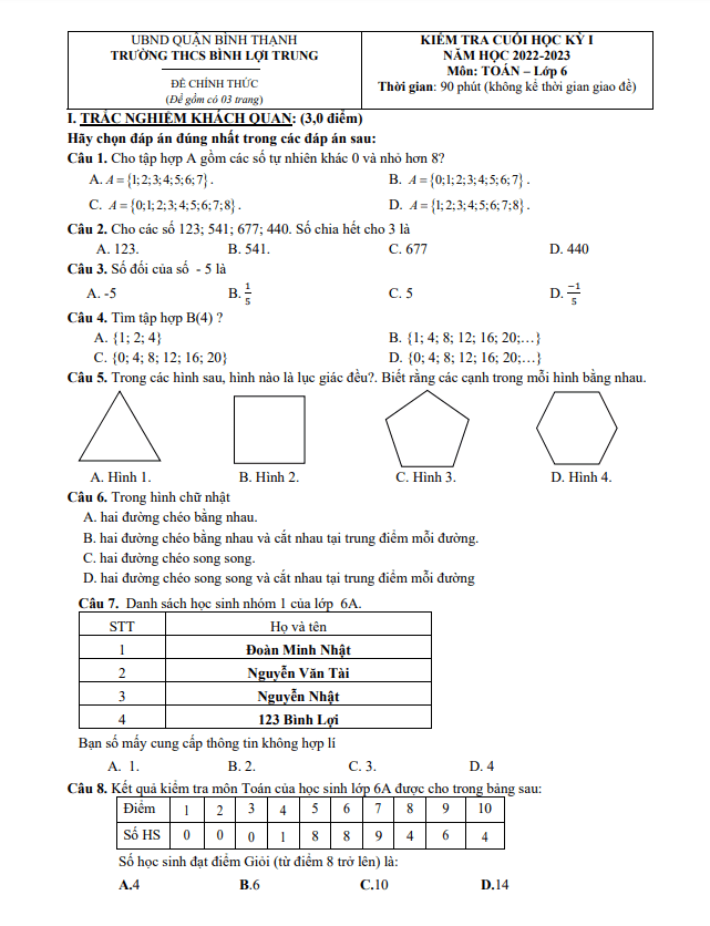 đề tham khảo cuối kỳ 1 toán 6 năm 2022 – 2023 trường thcs bình lợi trung – tp hcm