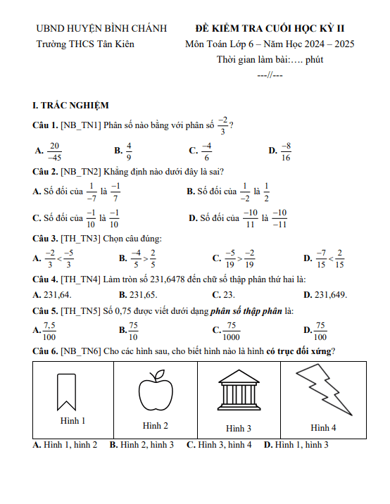 đề tham khảo cuối kỳ 2 toán 6 năm 2023 – 2024 phòng gd&đt bình chánh – tp hcm