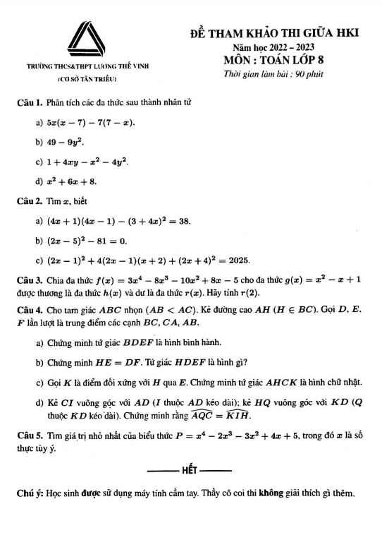 đề tham khảo giữa hk1 toán 8 năm 2022 – 2023 trường lương thế vinh – hà nội