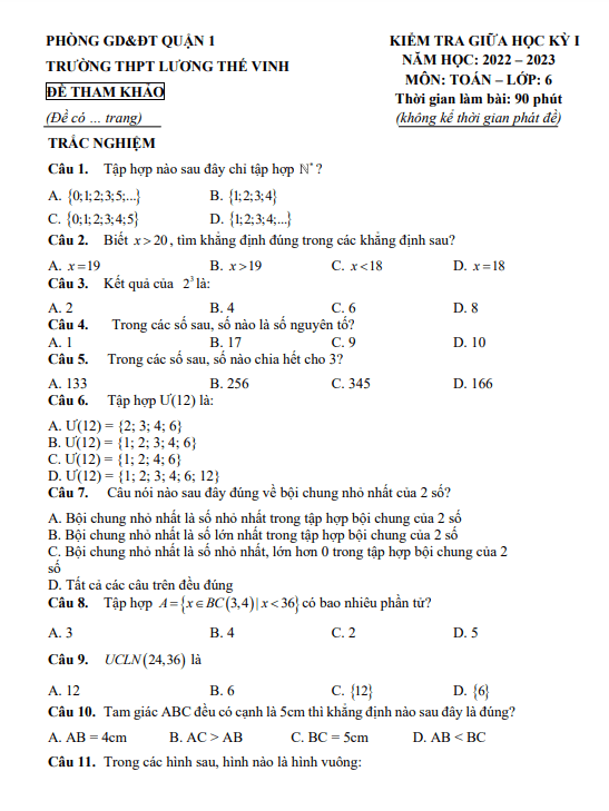 đề tham khảo giữa học kỳ 1 toán 6 năm 2022 – 2023 thcs lương thế vinh – tp hcm