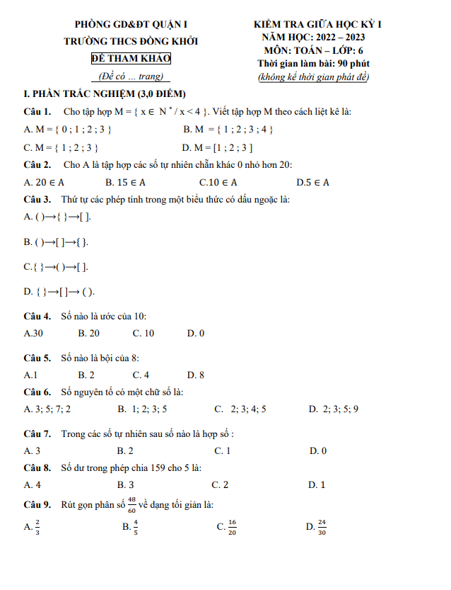 đề tham khảo giữa học kỳ 1 toán 6 năm 2022 – 2023 trường thcs đồng khởi – tp hcm