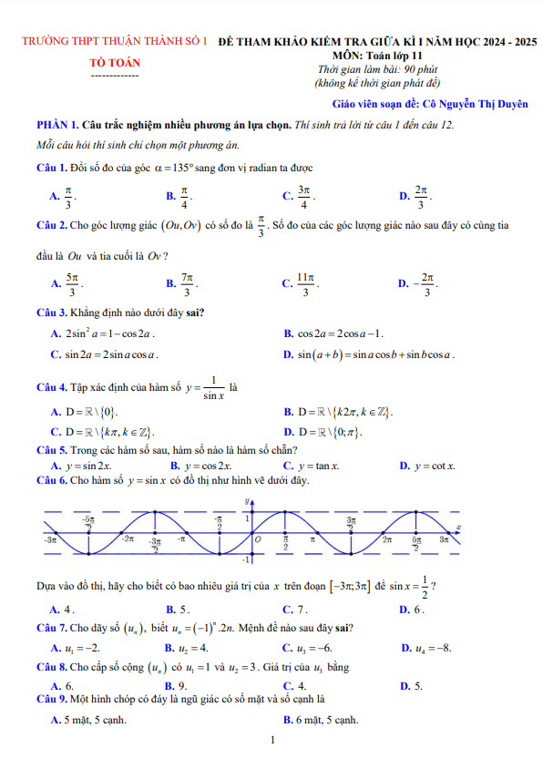 đề tham khảo giữa kì 1 toán 11 năm 2024 – 2025 trường thpt thuận thành 1 – bắc ninh
