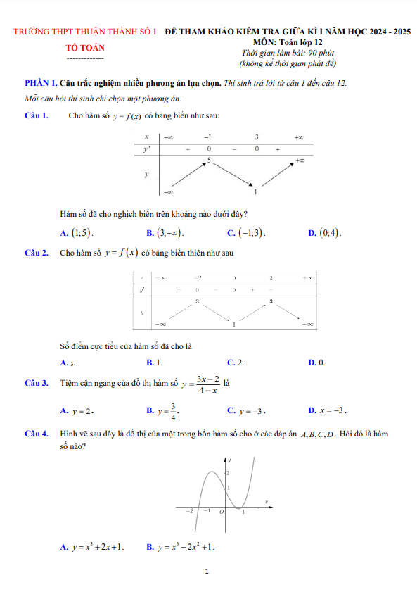 đề tham khảo giữa kì 1 toán 12 năm 2024 – 2025 trường thpt thuận thành 1 – bắc ninh