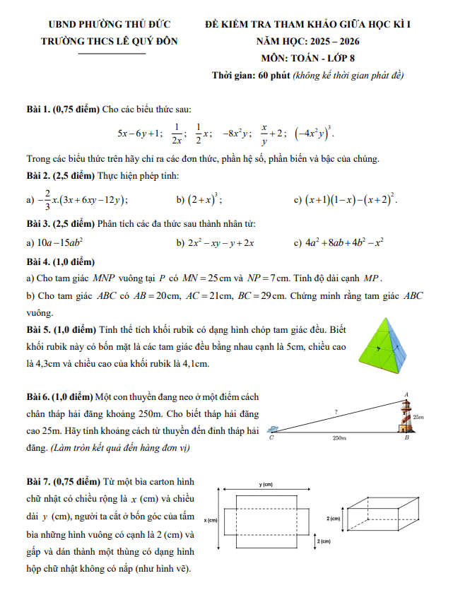 đề tham khảo giữa kì 1 toán 8 năm 2025 – 2026 trường thcs lê quý đôn – tp hcm