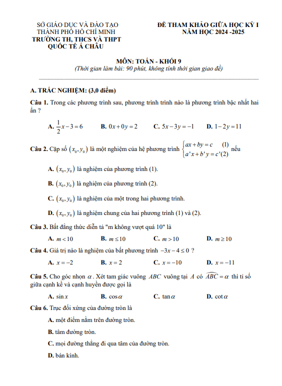 đề tham khảo giữa kì 1 toán 9 năm 2024 – 2025 phòng gd&đt quận 3 – tp hcm
