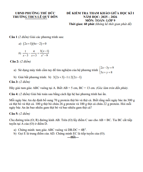 đề tham khảo giữa kì 1 toán 9 năm 2025 – 2026 trường thcs lê quý đôn – tp hcm