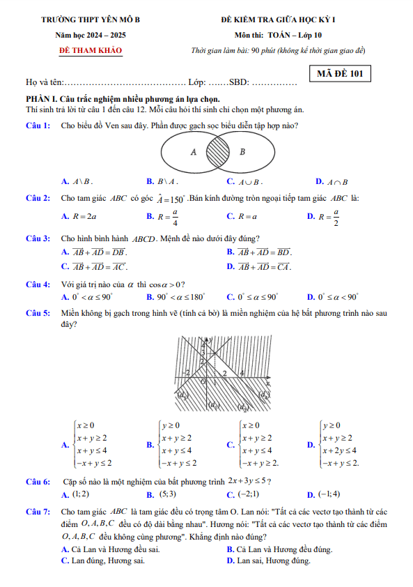 đề tham khảo giữa kỳ 1 toán 10 năm 2024 – 2025 trường thpt yên mô b – ninh bình