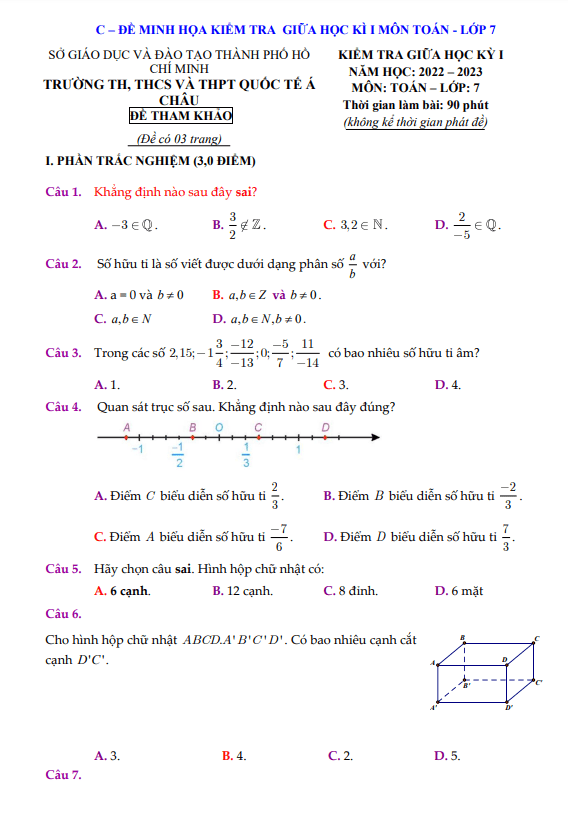 đề tham khảo giữa kỳ 1 toán 7 năm 2022 – 2023 trường quốc tế á châu – tp hcm