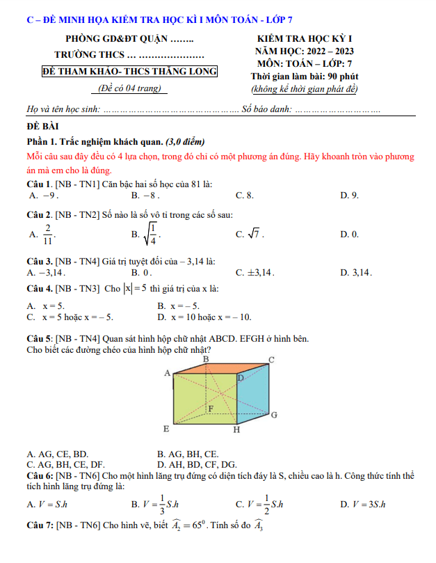 đề tham khảo học kì 1 toán 7 năm 2022 – 2023 trường thcs thăng long – tp hcm