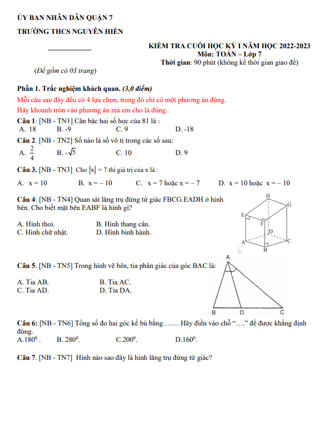 đề tham khảo học kỳ 1 toán 7 năm 2022 – 2023 trường thcs nguyễn hiền – tp hcm