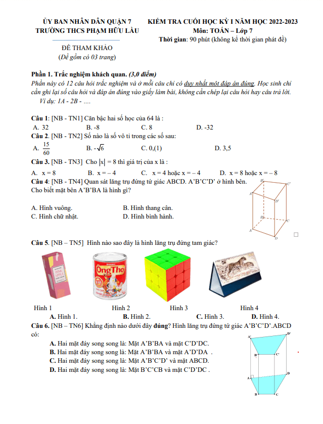 đề tham khảo học kỳ 1 toán 7 năm 2022 – 2023 trường thcs phạm hữu lầu – tp hcm