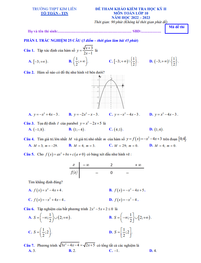đề tham khảo học kỳ 2 toán 10 năm 2022 – 2023 trường thpt kim liên – hà nội