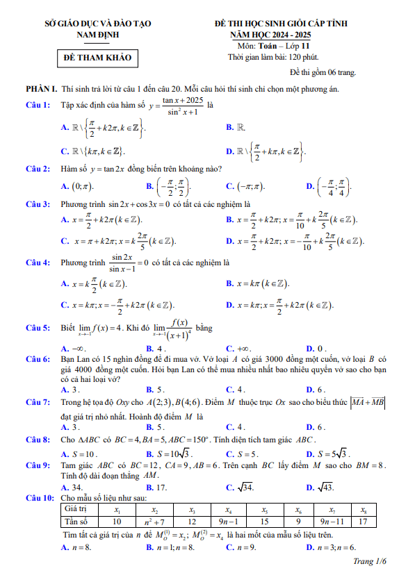 đề tham khảo học sinh giỏi toán 11 năm 2024 – 2025 sở gd&đt nam định