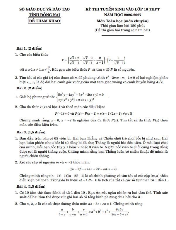 đề tham khảo tuyển sinh lớp 10 môn toán (chuyên) năm 2026 – 2027 sở gd&đt đồng nai