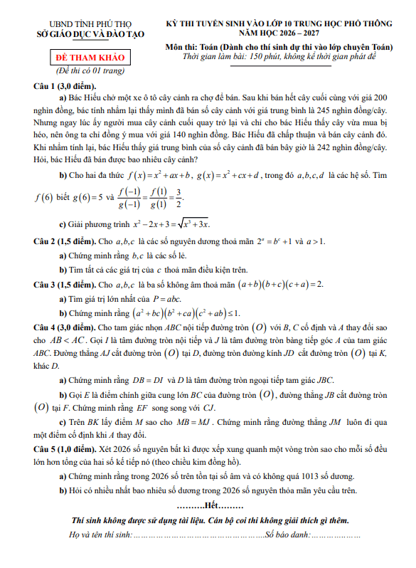 đề tham khảo tuyển sinh lớp 10 môn toán (chuyên) năm 2026 – 2027 sở gd&đt phú thọ