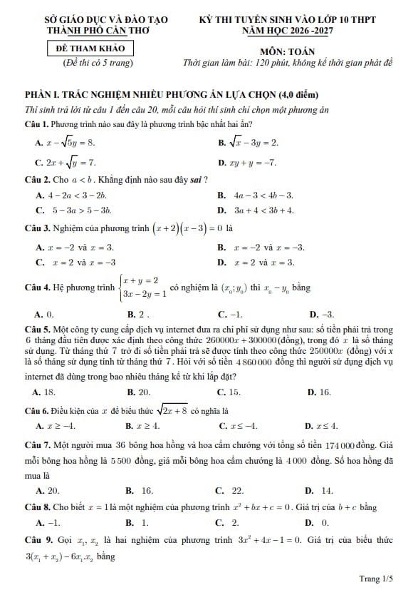 đề tham khảo tuyển sinh lớp 10 môn toán năm 2026 – 2027 sở gd&đt cần thơ
