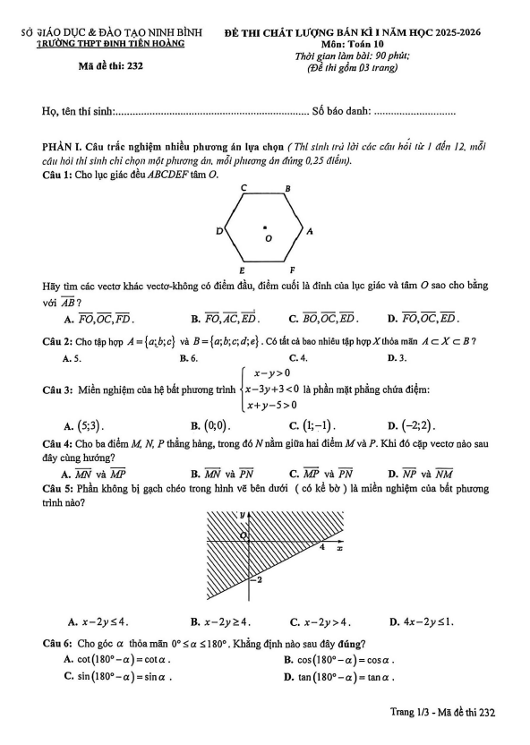 đề thi bán kì 1 toán 10 năm 2025 – 2026 trường thpt đinh tiên hoàng – ninh bình