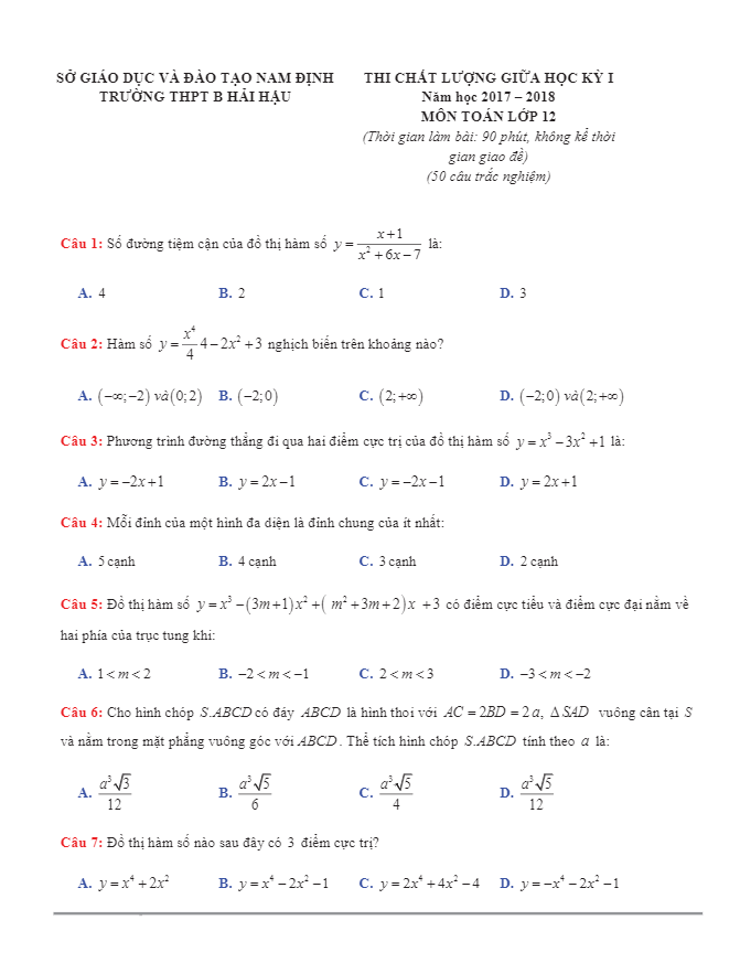 đề thi chất lượng giữa hki năm học 2017 – 2018 môn toán 12 trường thpt b hải hậu – nam định