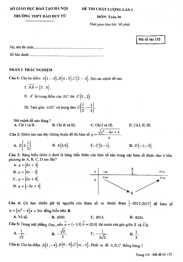đề thi chất lượng lần 1 toán 10 trường thpt đào duy từ – hà nội