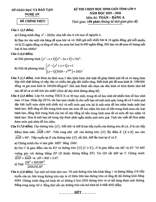 đề thi chọn học sinh giỏi tỉnh toán 9 năm 2025 – 2026 sở gd&đt nghệ an